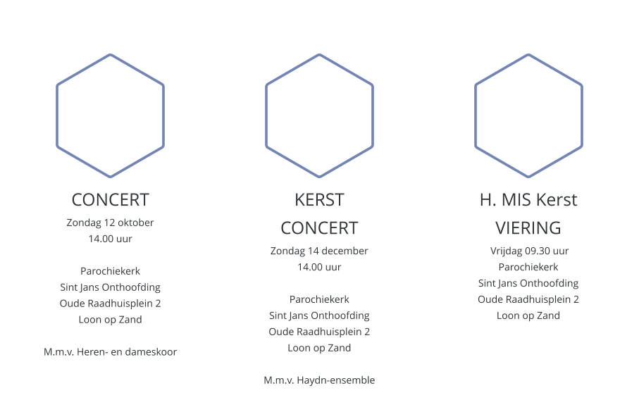 CONCERTEN en ACTIVITEITEN 2025  CONCERT Zondag 12 oktober14.00 uurParochiekerkSint Jans OnthoofdingOude Raadhuisplein 2Loon op ZandM.m.v. Heren- en dameskoor   KERSTCONCERT Zondag 14 december14.00 uurParochiekerkSint Jans OnthoofdingOude Raadhuisplein 2Loon op ZandM.m.v. Haydn-ensemble   H. MIS KerstVIERING  Vrijdag 09.30 uurParochiekerkSint Jans OnthoofdingOude Raadhuisplein 2Loon op Zand