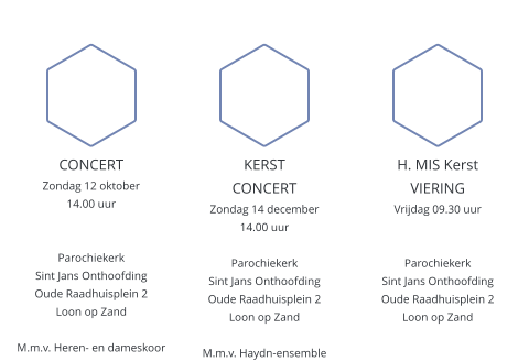 CONCERTEN en ACTIVITEITEN 2025  CONCERT Zondag 12 oktober14.00 uur ParochiekerkSint Jans OnthoofdingOude Raadhuisplein 2Loon op ZandM.m.v. Heren- en dameskoor 02 KERSTCONCERT Zondag 14 december14.00 uurParochiekerkSint Jans OnthoofdingOude Raadhuisplein 2Loon op ZandM.m.v. Haydn-ensemble  H. MIS KerstVIERING Vrijdag 09.30 uur  ParochiekerkSint Jans OnthoofdingOude Raadhuisplein 2Loon op Zand